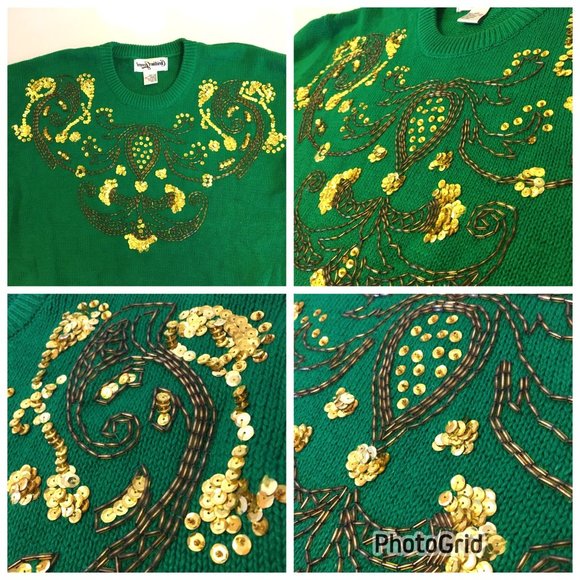 Vintage 80s Green Gold Sweater St Patricks Day Fighting Irish Beaded Sequins (BT - Picture 3 of 16